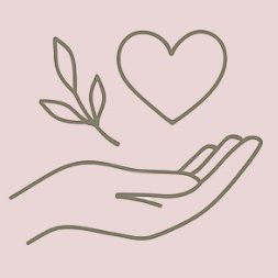 Mit Liebe handgemacht Hand mit einem Herz und einem Blatt auf rosa Hintergrund.