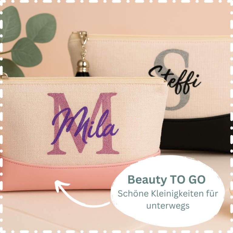 Beauty to go Zwei Kosmetiktaschen mit den Namen "Mila" und "Steffi" in stilvoller Schrift.