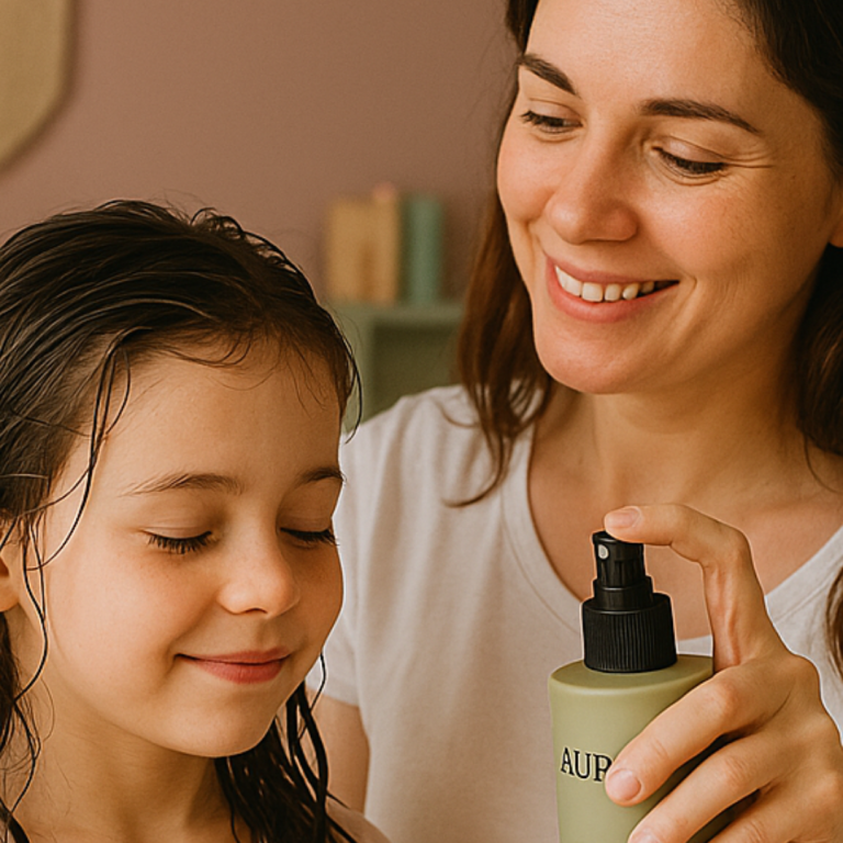 Magische Beautyprodukte für Mama und Kind Eine Mutter sprüht ein Pflegeprodukt auf das Haar eines lächelnden Mädchens.